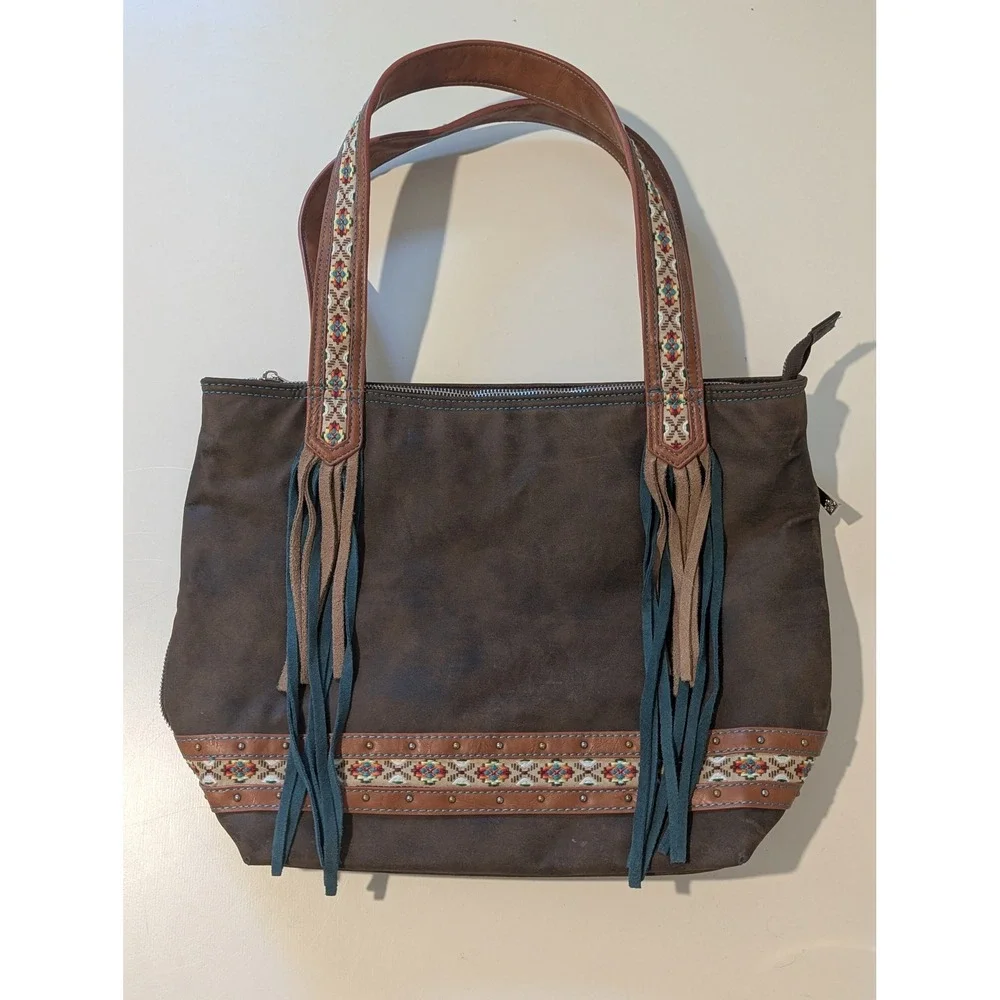 Catchfly Western Boho Faux Suede Tote Bag Brown Turquoise Fringe Embroidered